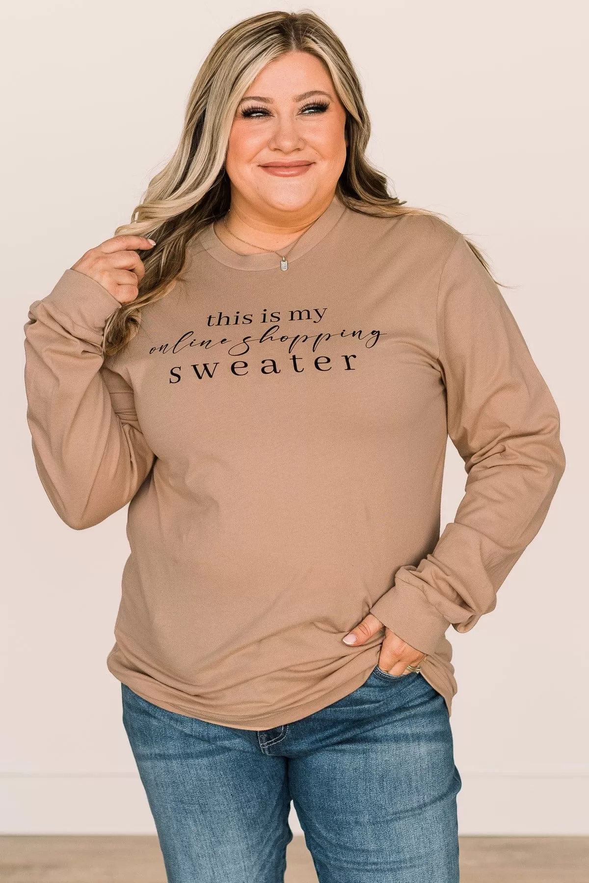 This Is My Online Shopping Sweater Graphic Top- Tan