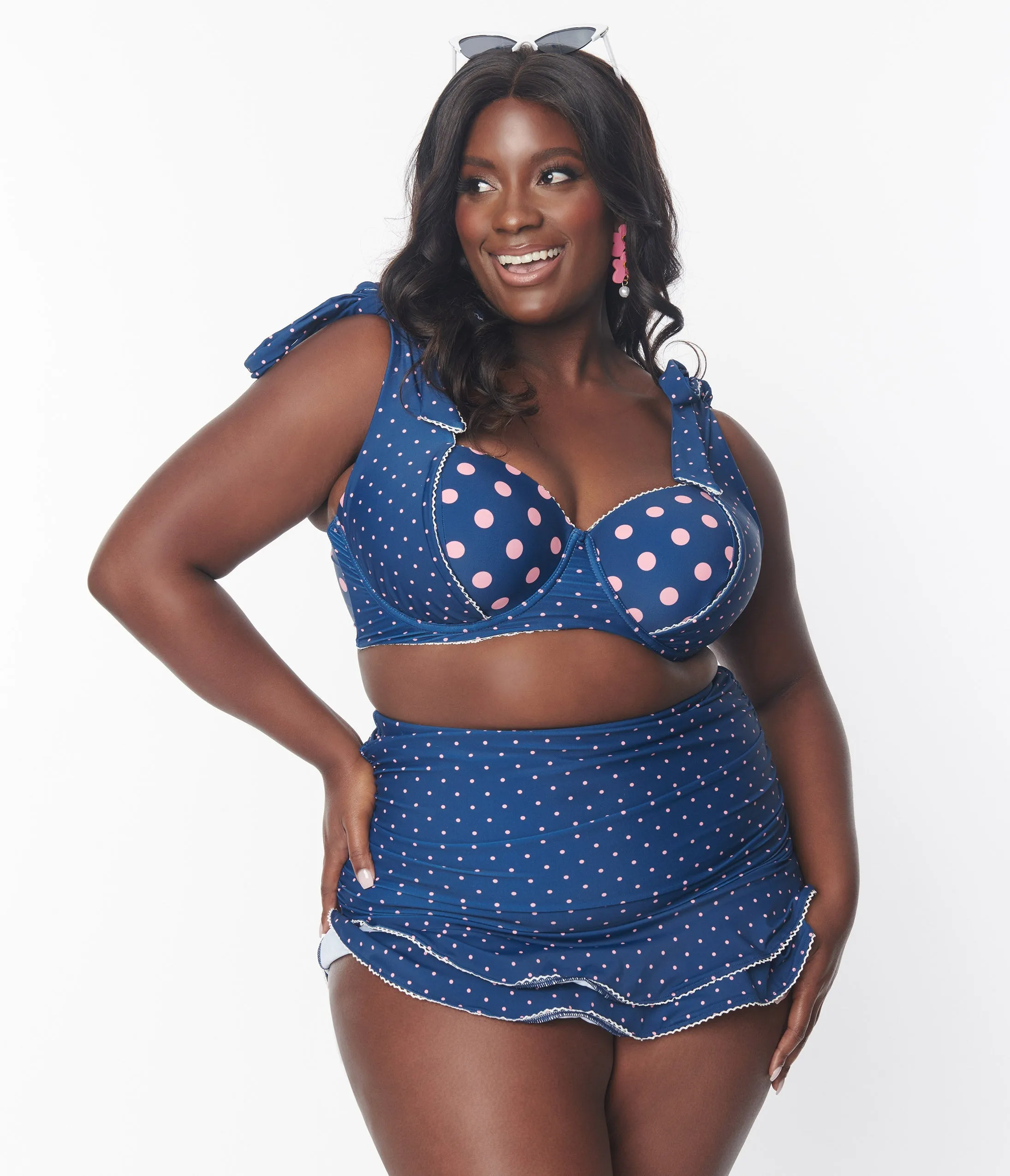 Unique Vintage Plus Size Navy & Pink Pin Dot Alice Swim Skirt