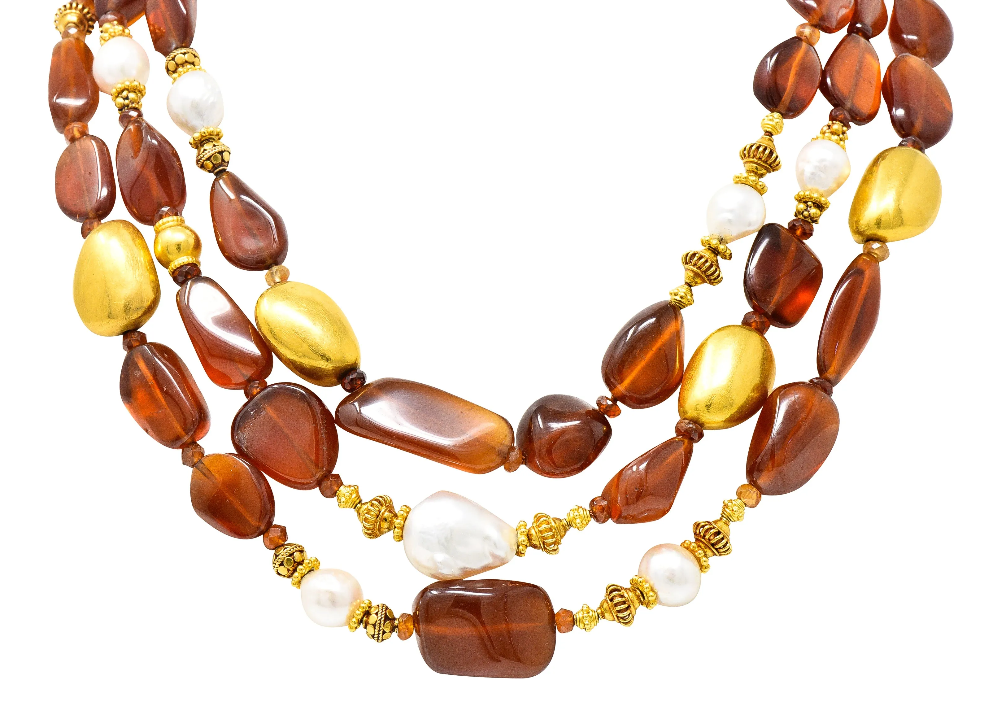 Verdura Hessonite Garnet Baroque Pearl 18 Karat Yellow Gold Vintage Byzantine Bead Necklace