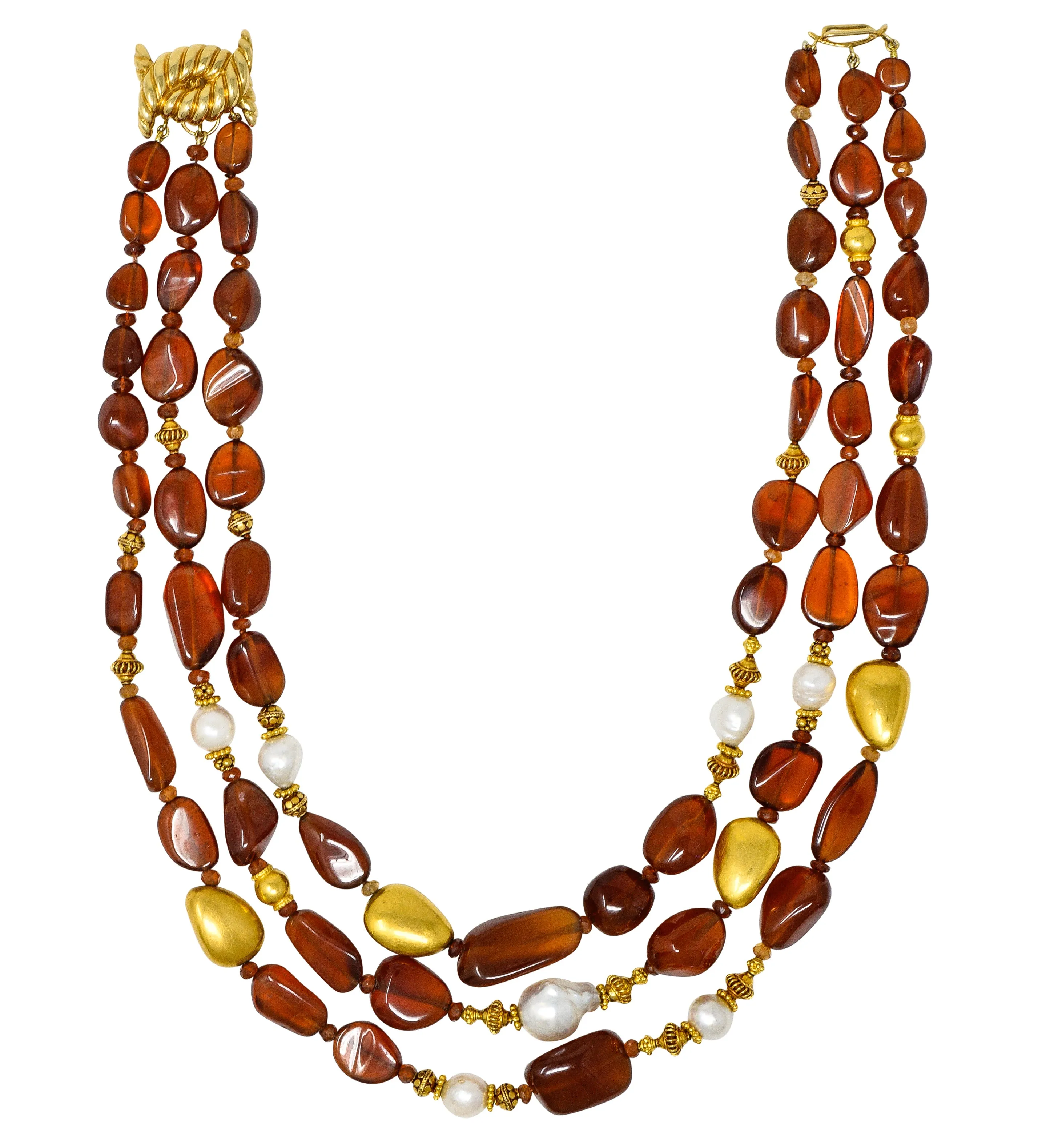 Verdura Hessonite Garnet Baroque Pearl 18 Karat Yellow Gold Vintage Byzantine Bead Necklace