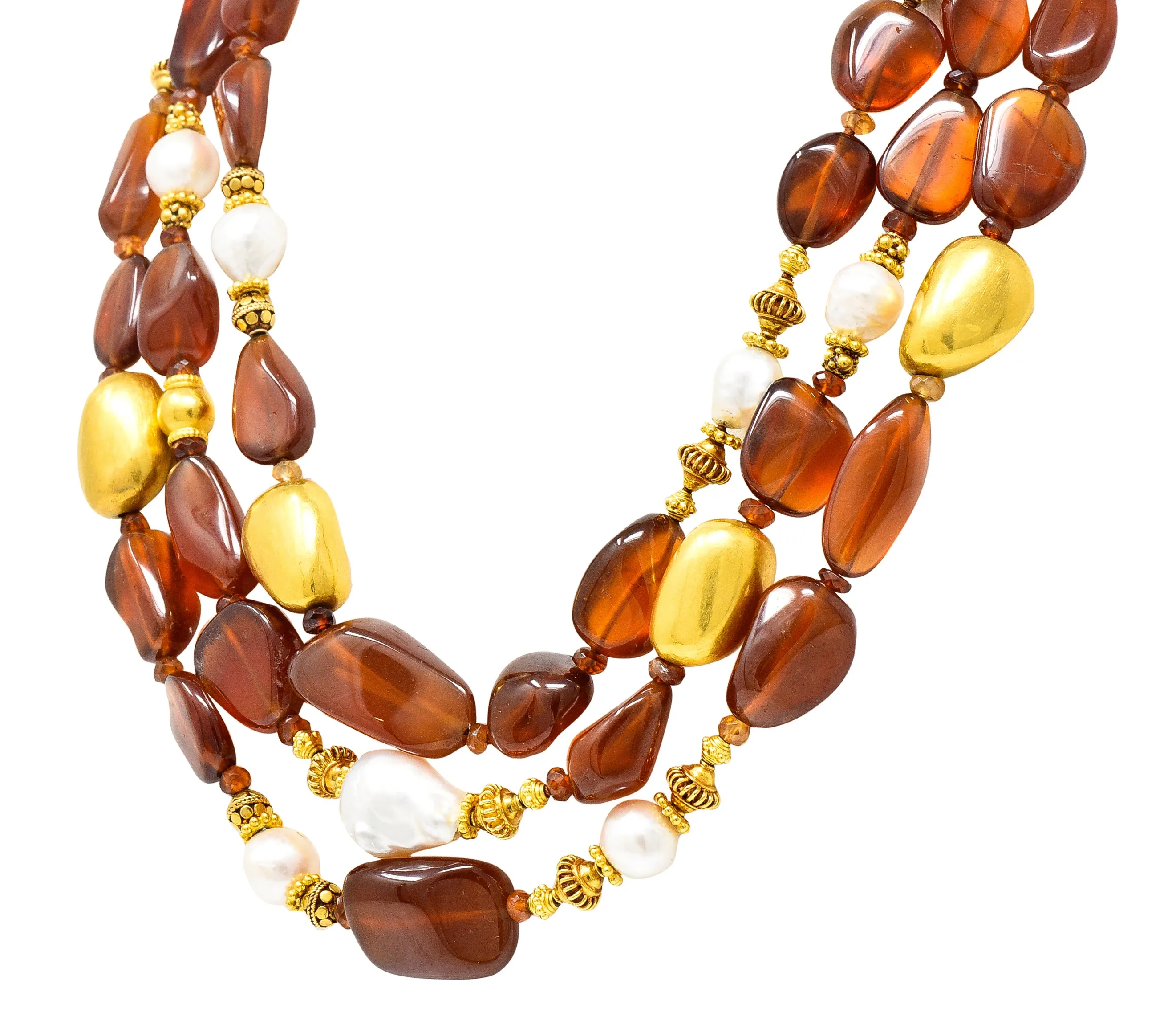 Verdura Hessonite Garnet Baroque Pearl 18 Karat Yellow Gold Vintage Byzantine Bead Necklace