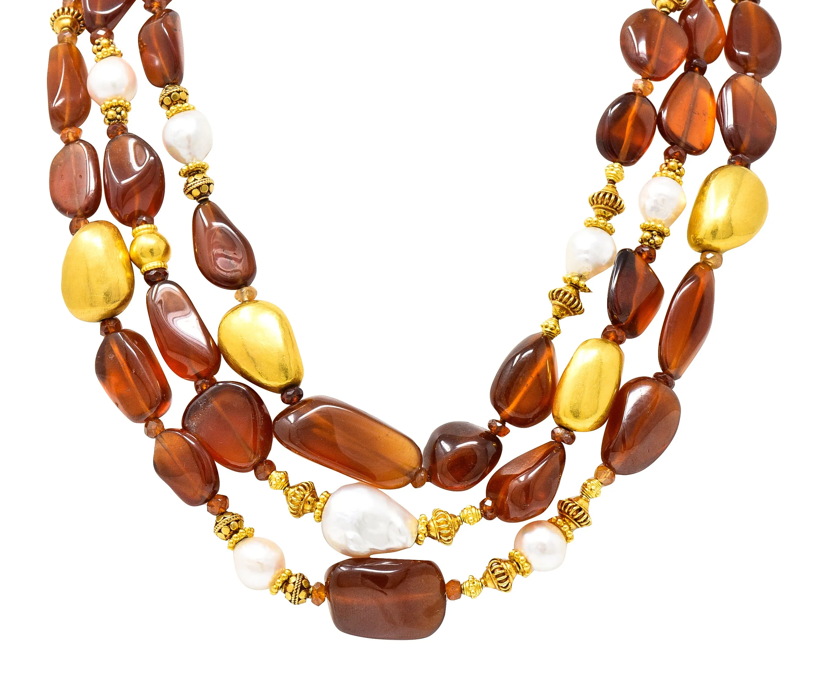 Verdura Hessonite Garnet Baroque Pearl 18 Karat Yellow Gold Vintage Byzantine Bead Necklace