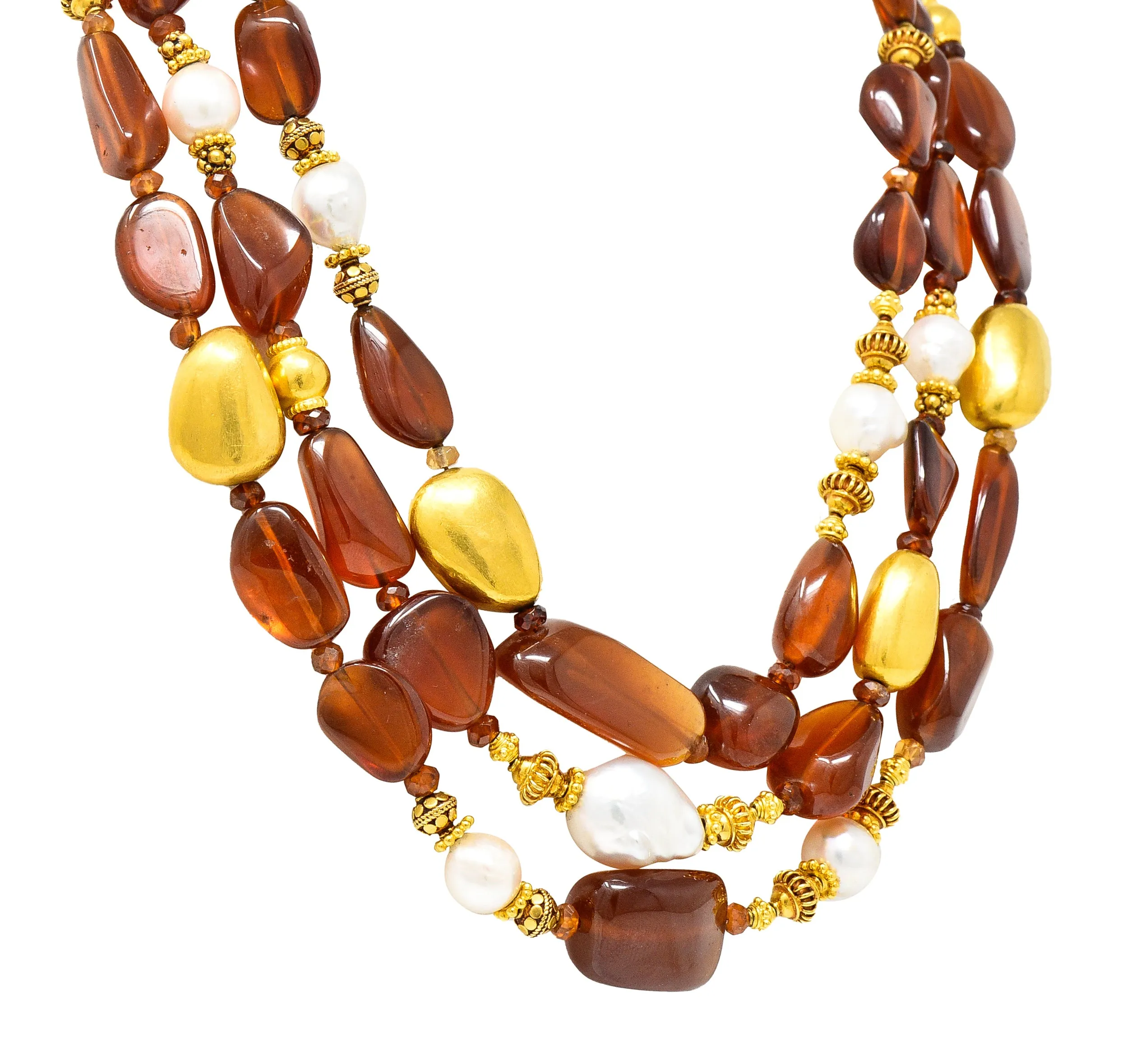 Verdura Hessonite Garnet Baroque Pearl 18 Karat Yellow Gold Vintage Byzantine Bead Necklace