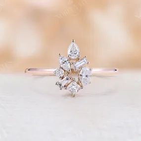 Vintage Cluster Moissanite Rose Gold Pear Baguette Marquise Shape Engagement Ring