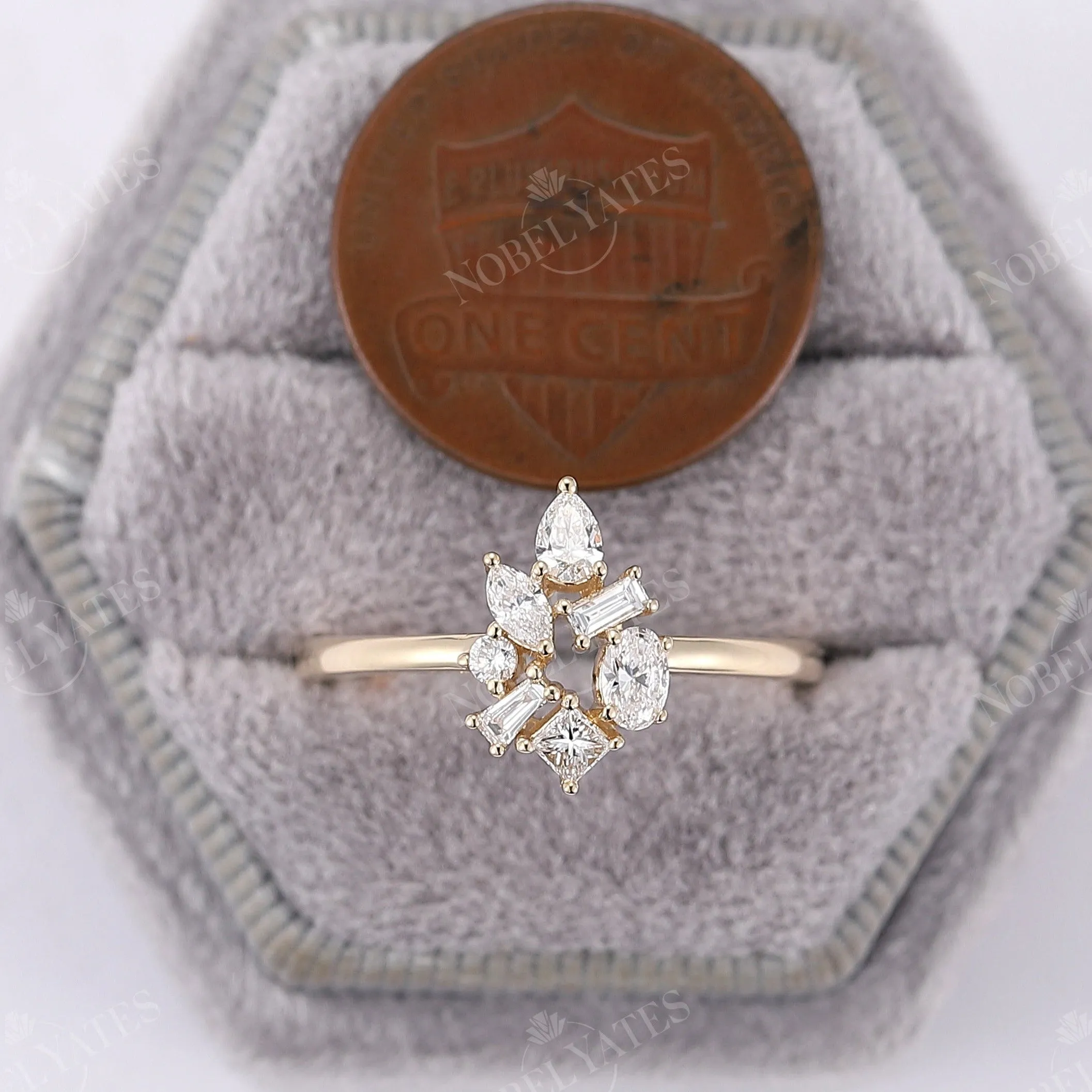 Vintage Cluster Moissanite Rose Gold Pear Baguette Marquise Shape Engagement Ring