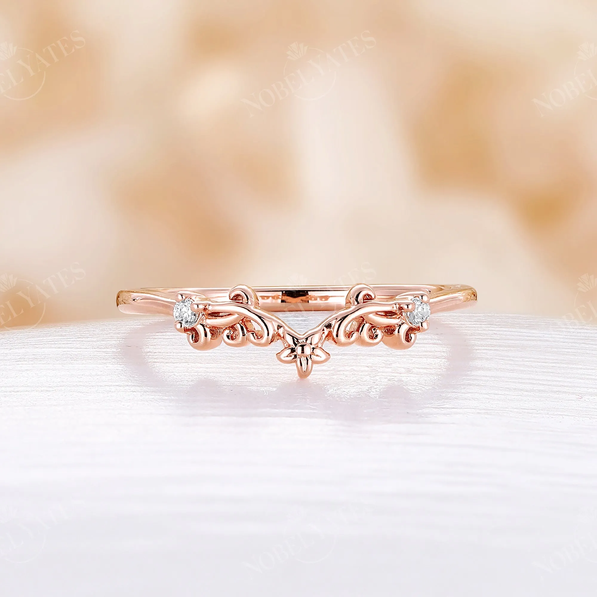 Vintage Filigree Curved Diamond Matching Band Rose Gold