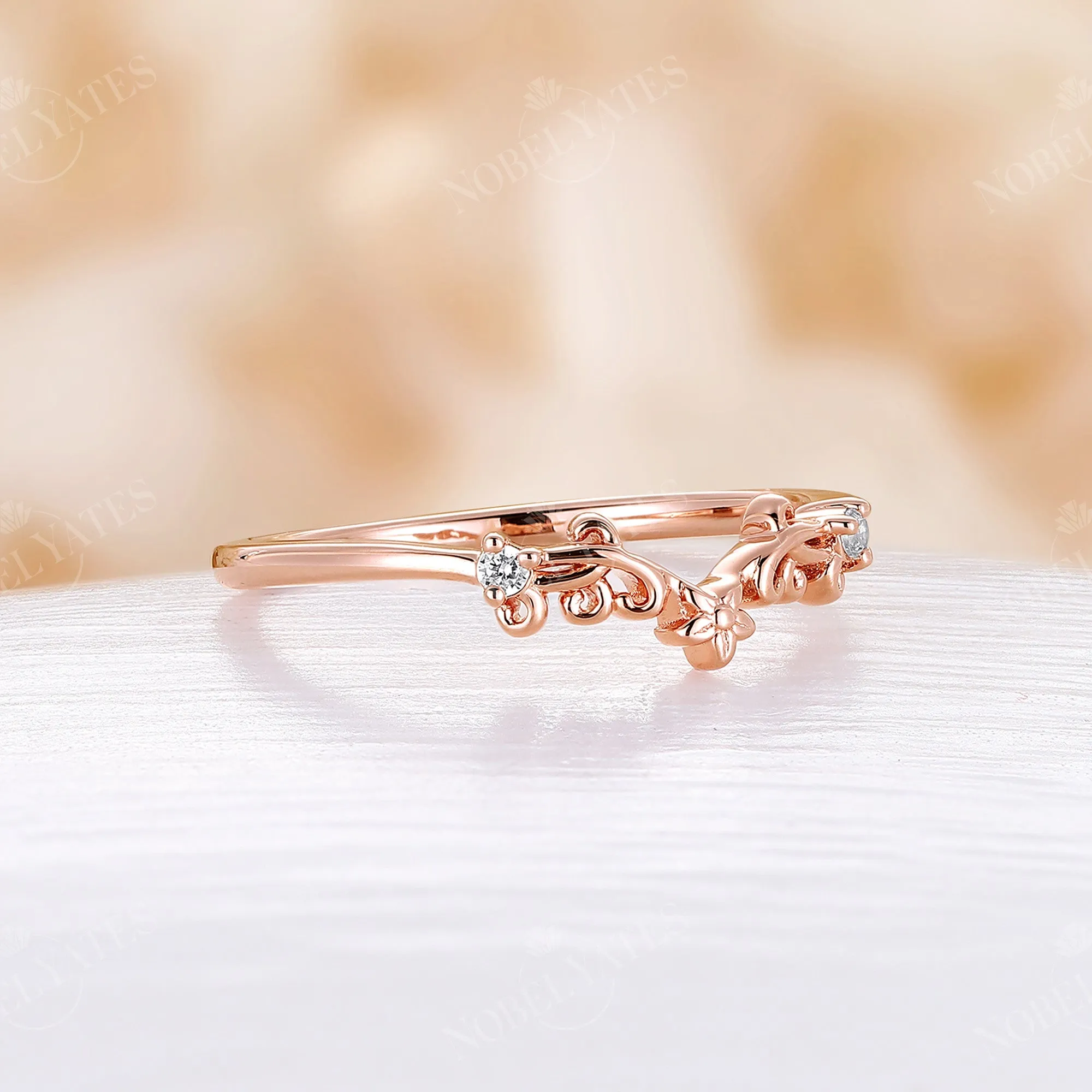 Vintage Filigree Curved Diamond Matching Band Rose Gold