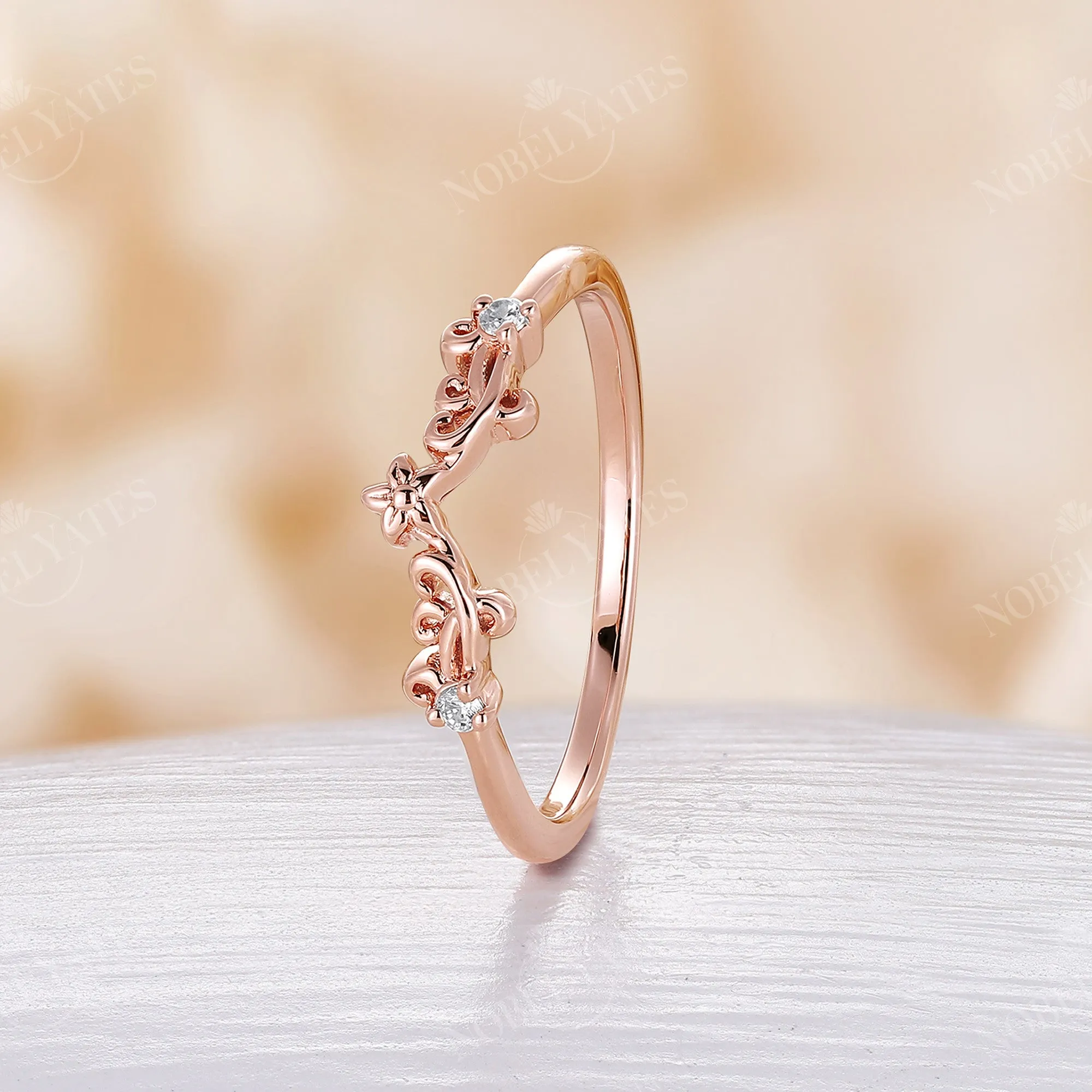 Vintage Filigree Curved Diamond Matching Band Rose Gold