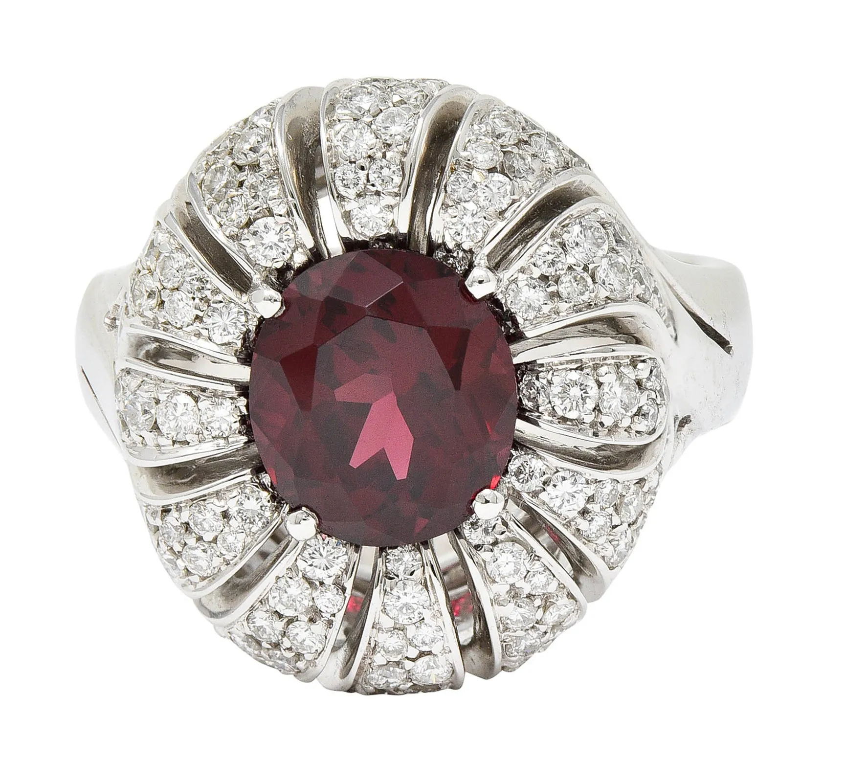 Vintage Garnet Diamond 18 Karat White Gold Pinwheel Cluster Ring