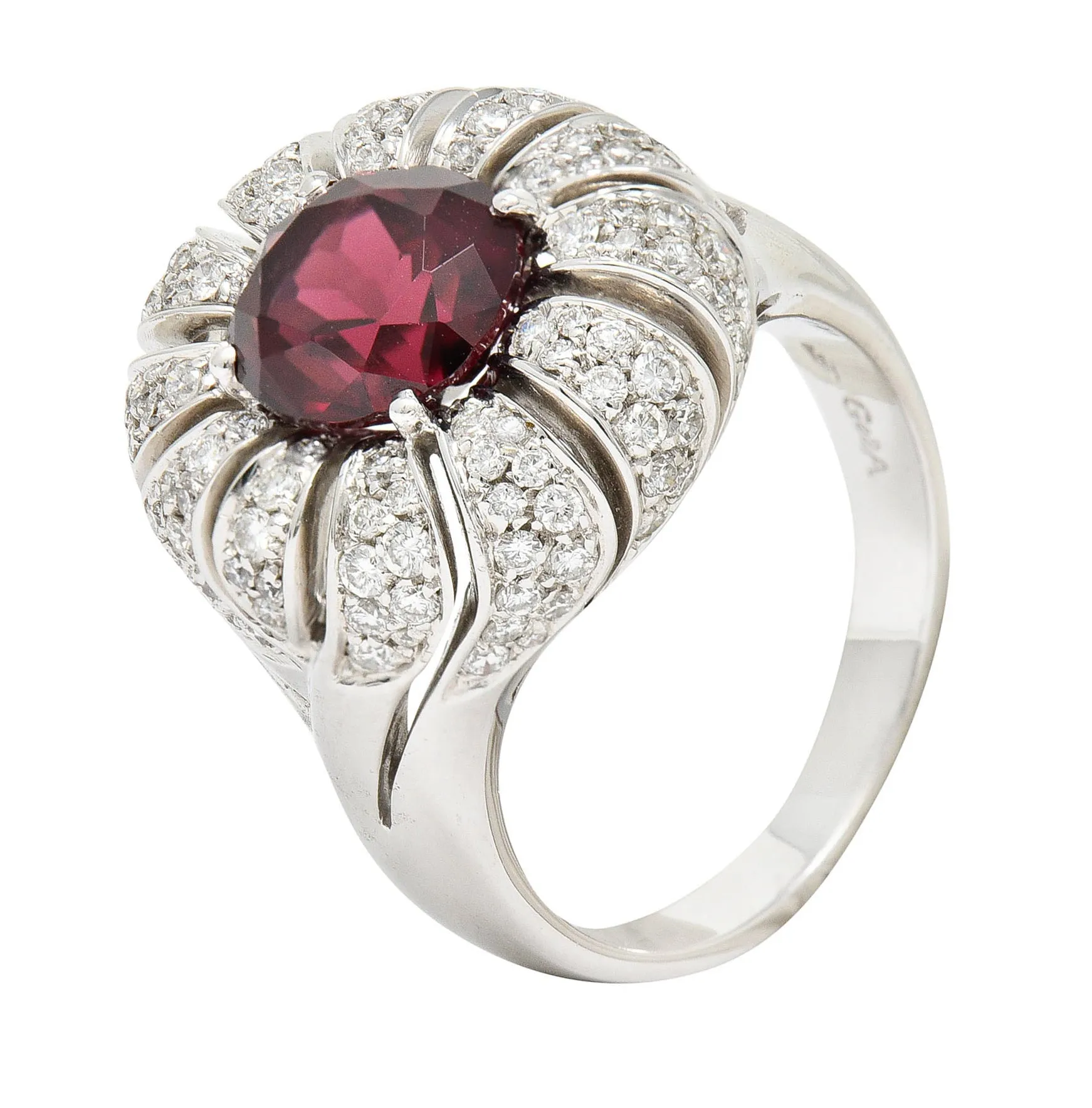 Vintage Garnet Diamond 18 Karat White Gold Pinwheel Cluster Ring