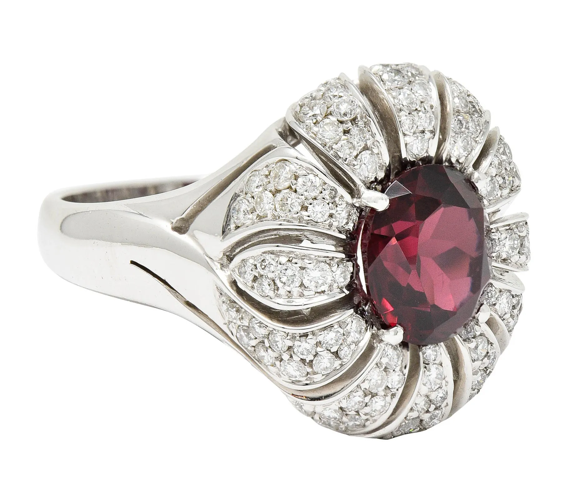 Vintage Garnet Diamond 18 Karat White Gold Pinwheel Cluster Ring