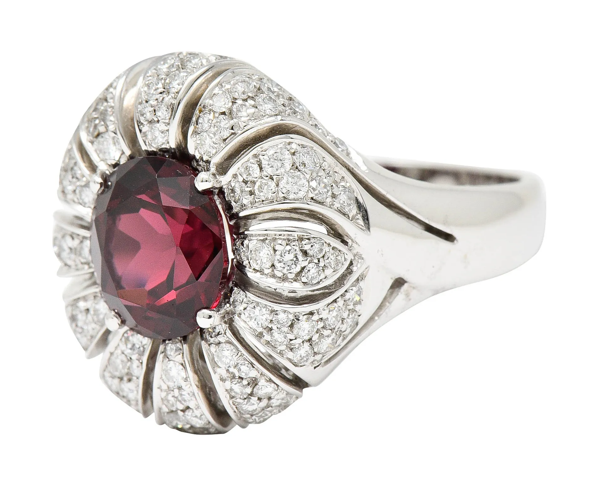 Vintage Garnet Diamond 18 Karat White Gold Pinwheel Cluster Ring