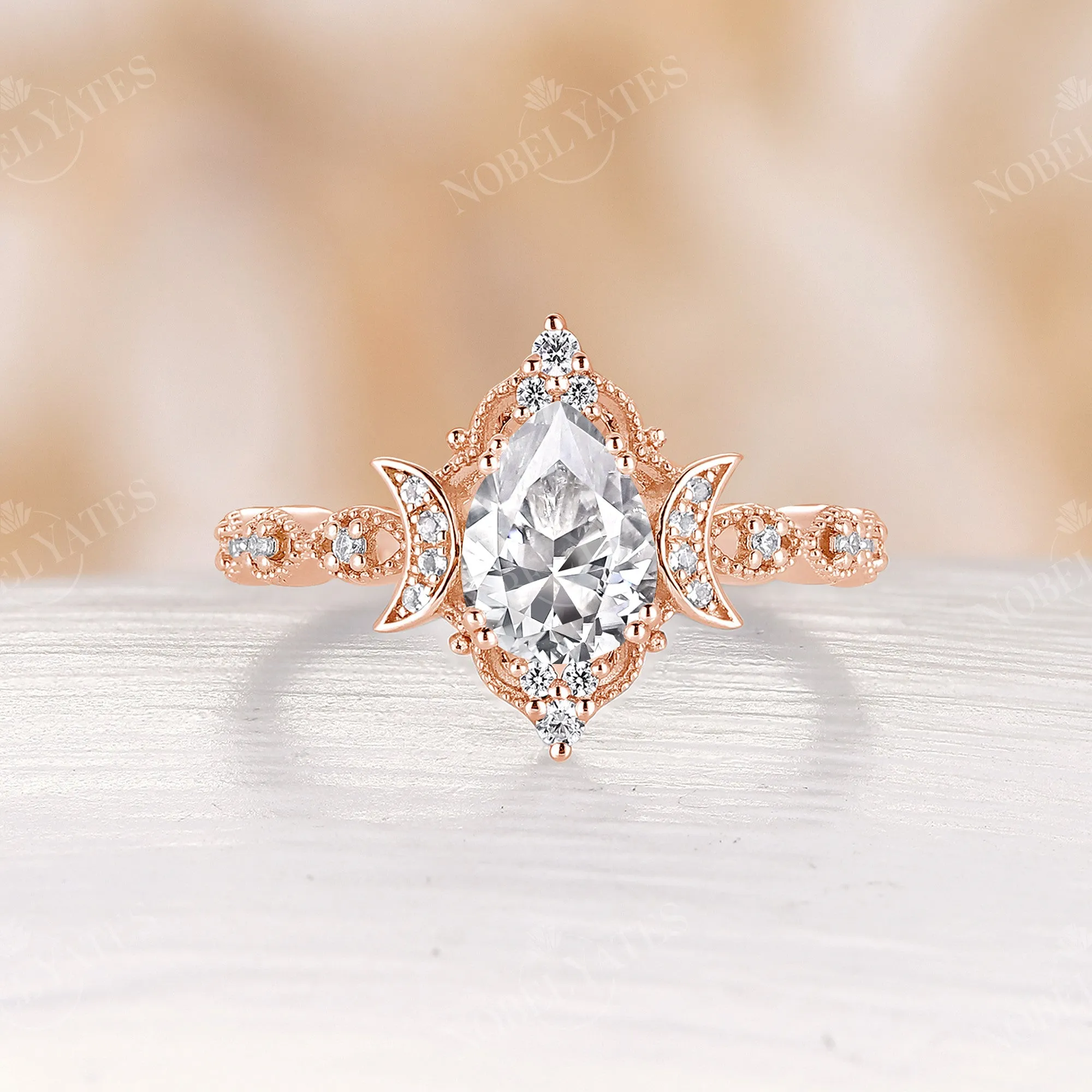 Vintage Pear Cut Moissanite Rose Gold Engagement Ring Half Eternity