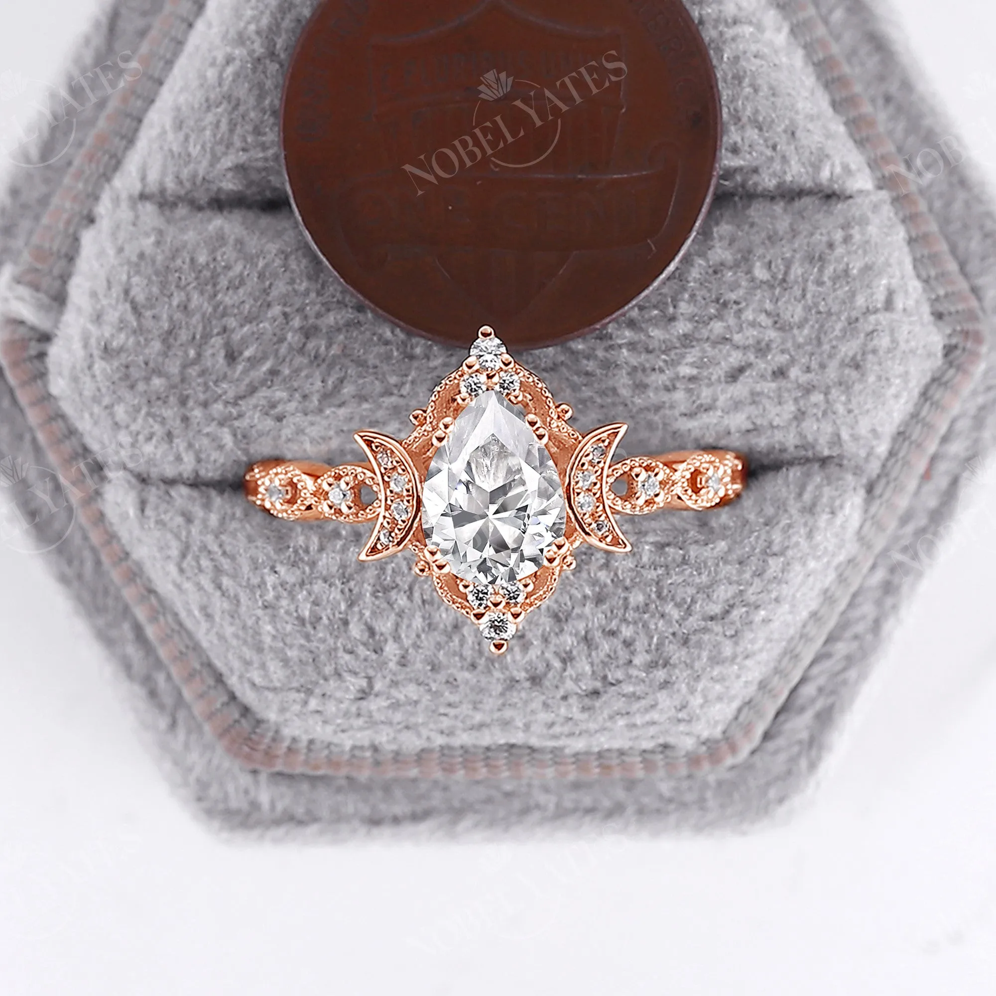 Vintage Pear Cut Moissanite Rose Gold Engagement Ring Half Eternity