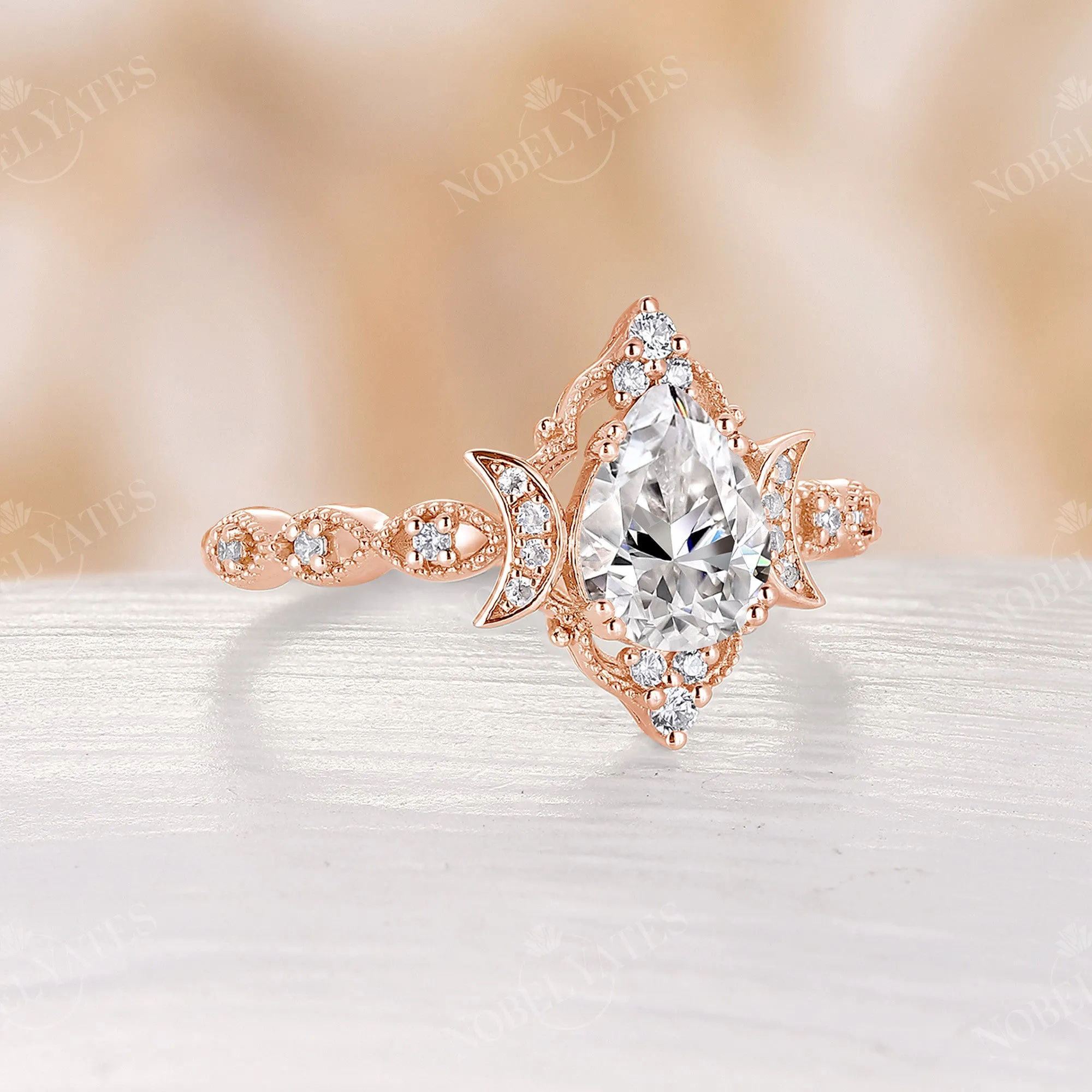 Vintage Pear Cut Moissanite Rose Gold Engagement Ring Half Eternity