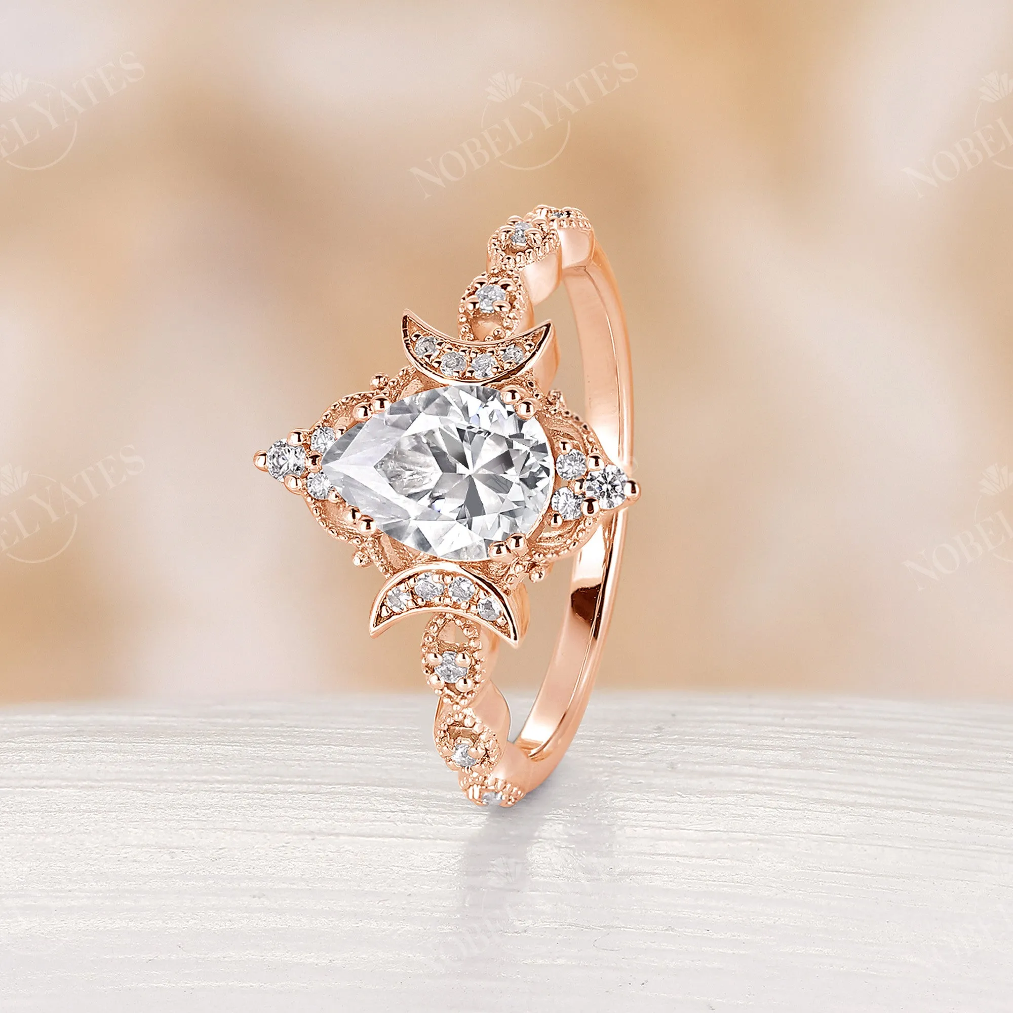 Vintage Pear Cut Moissanite Rose Gold Engagement Ring Half Eternity