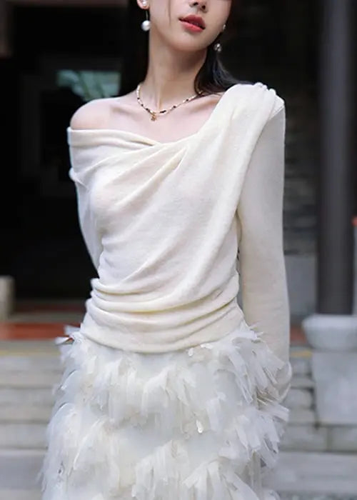 Women Apricot Solid Asymmetrical Cotton Knit Blouse Spring CG1054