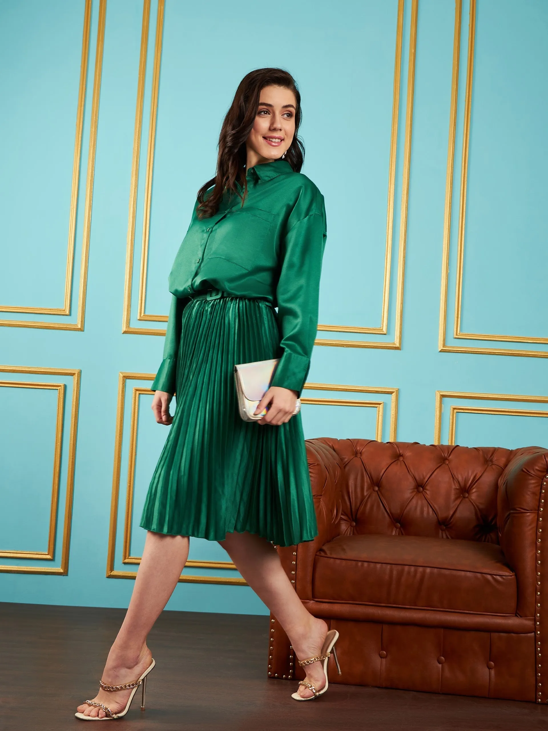 Women Green Satin Pleated Midi Skirt