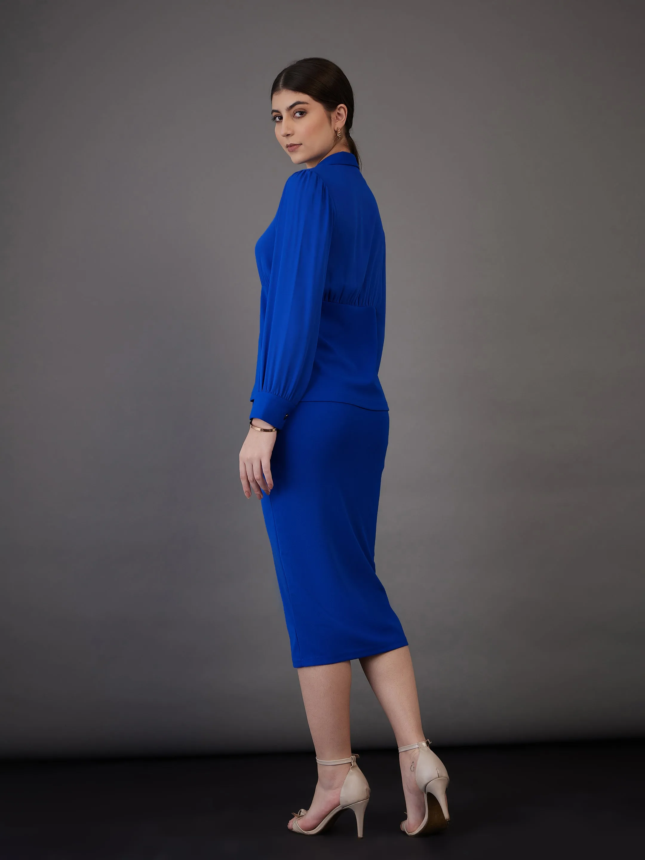 Women Royal Blue Peplum Collar Top With Midi Skirt