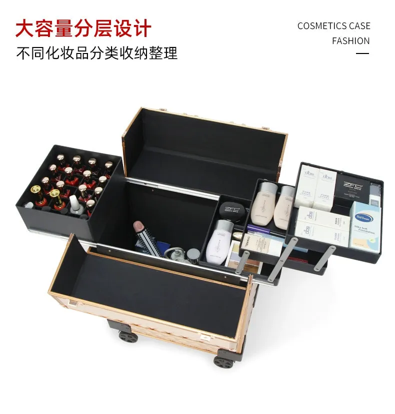 Women's Cosmetic Nail Makeup Professional Trolley Suitcase Organizer Bag