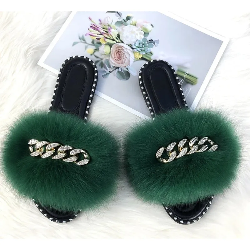 Women's Dark Green Summer Fluffy Fur Soft Slides Flip Flop Sandals