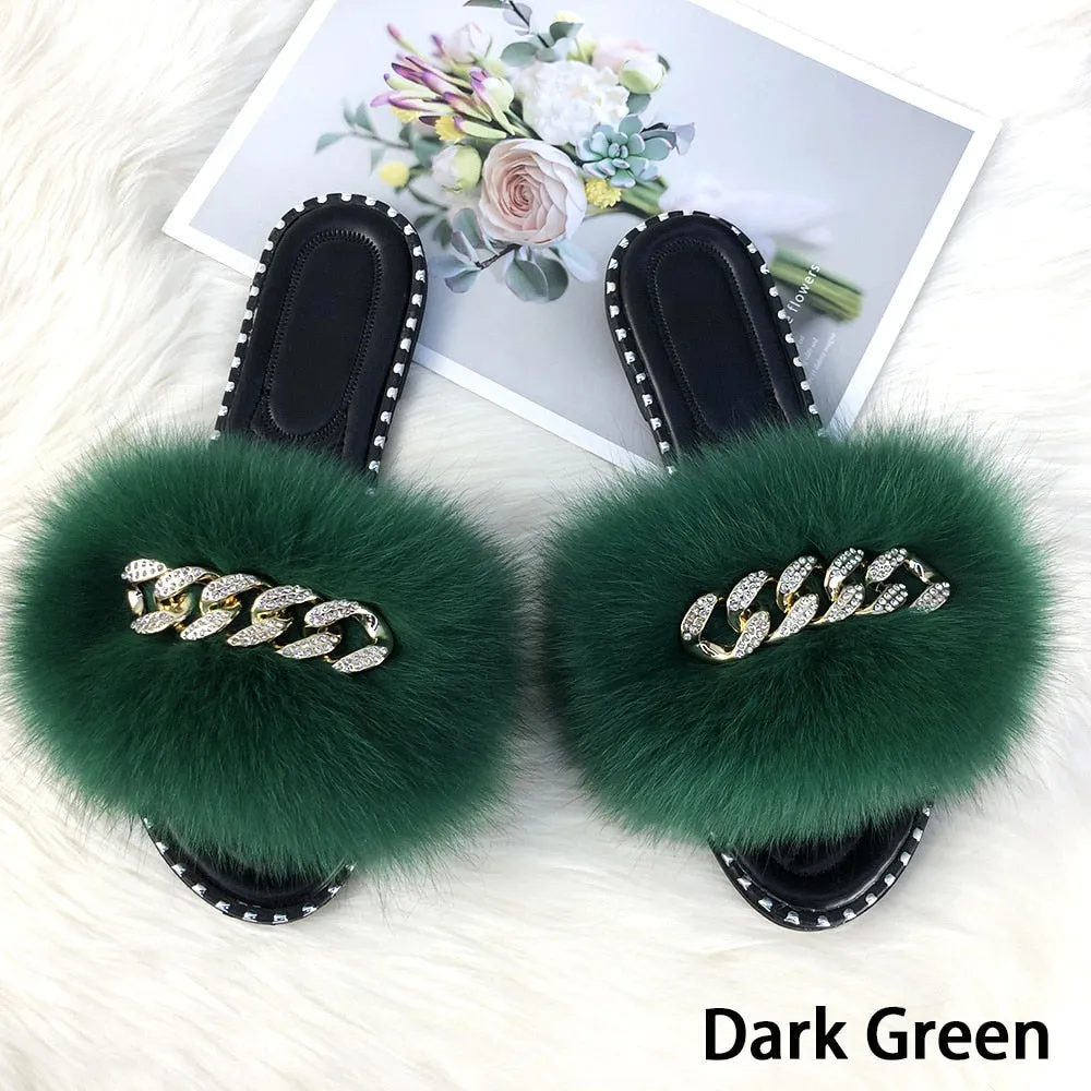 Women's Dark Green Summer Fluffy Fur Soft Slides Flip Flop Sandals