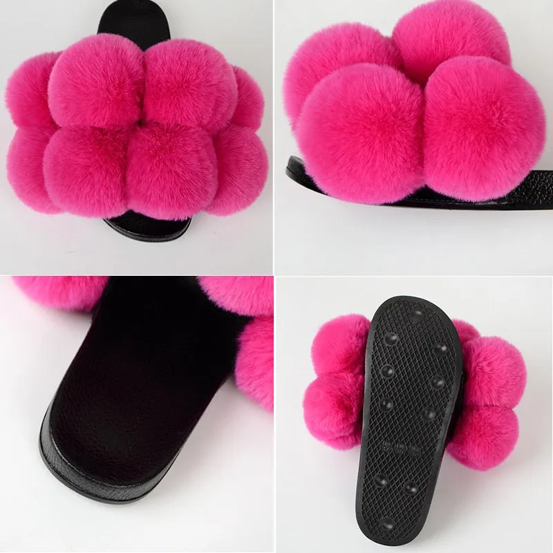 Women's Fashion Summer Synthetic Fur Slides Flip Flop Indoor Big Flat Slippers