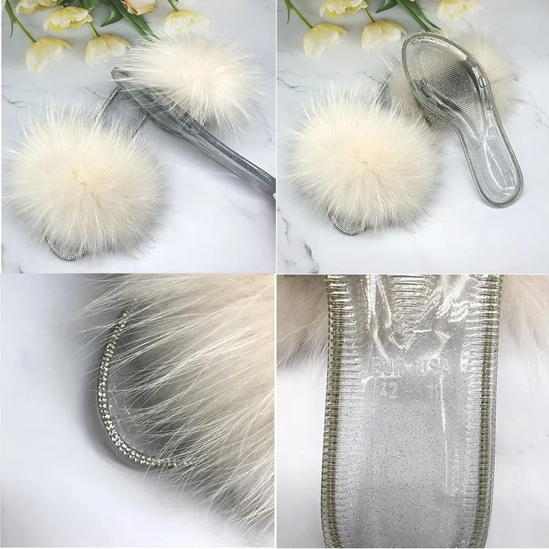 Women's Jelly Real Fur Transparent Flip Flop Fluffy Slides House Slipper