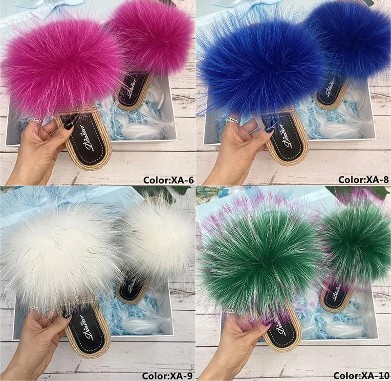 Women's Sexy Raccoon Fluffy Fur synthetic Straw Flip-Flop Indoor Slippers