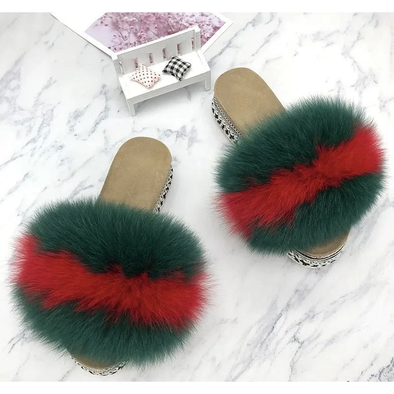 Women's Summer Casual Real Fur Fluffy Rivets Platform House Slippers