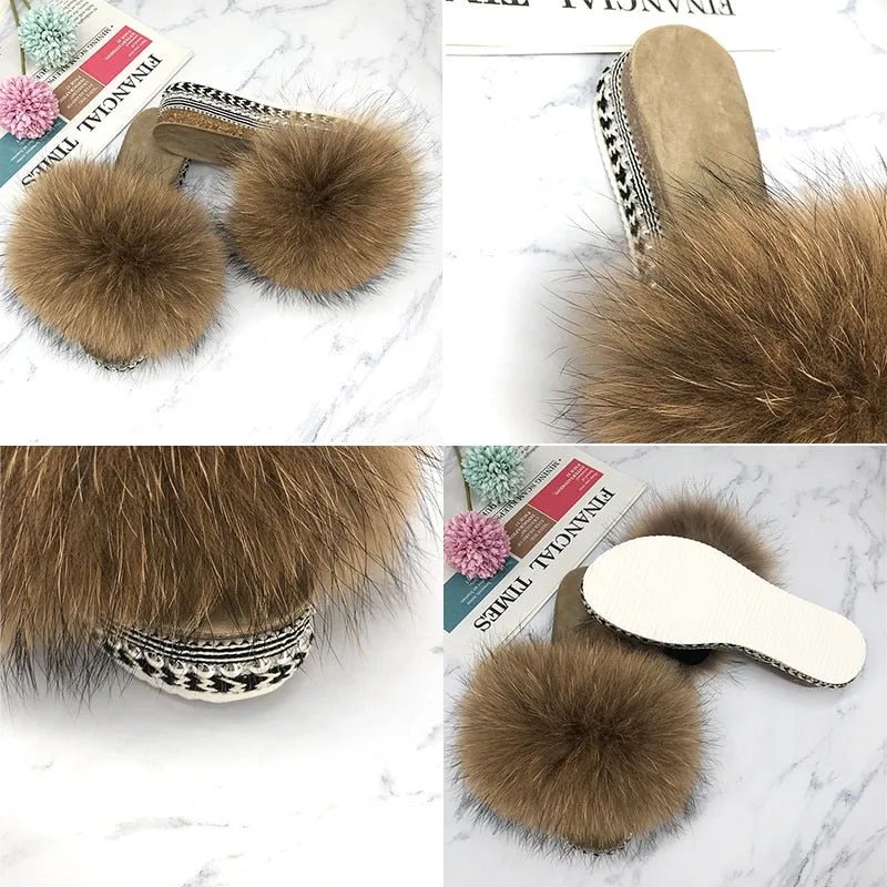 Women's Summer Casual Real Fur Fluffy Rivets Platform House Slippers