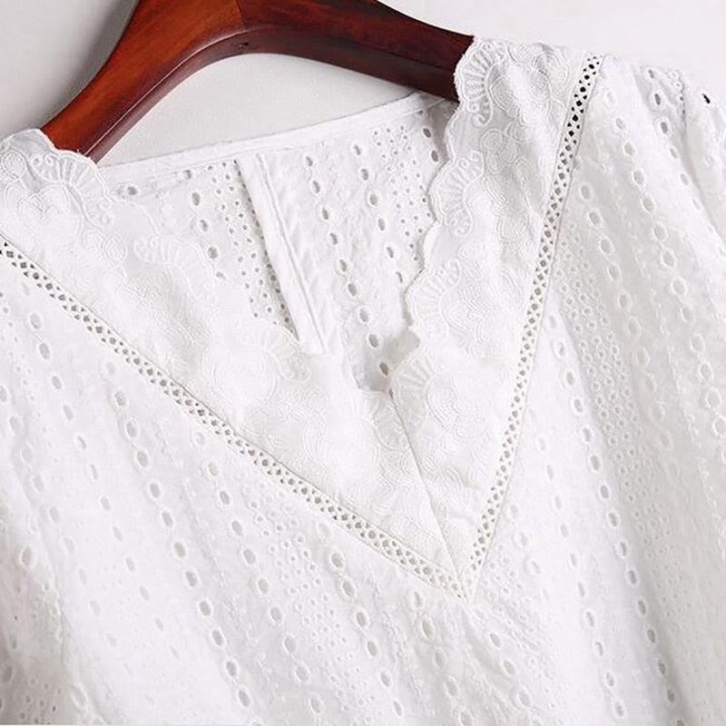 Women's White Blouse Lace Crochet Tops V Neck